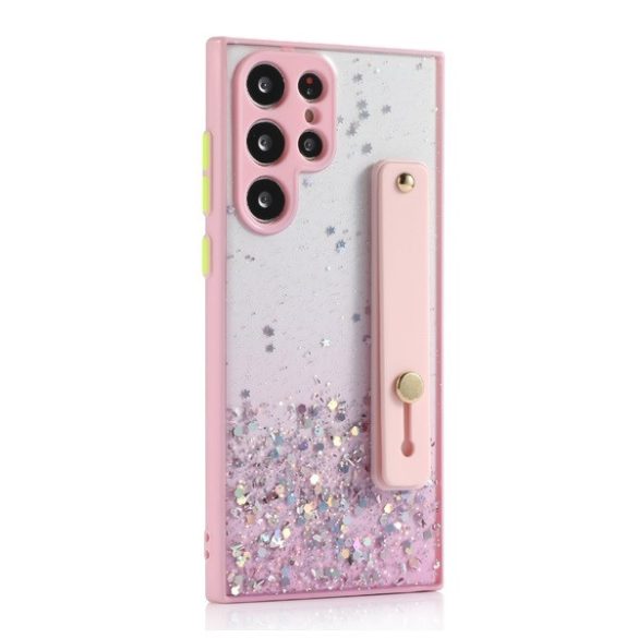 Apple iPhone 13 Pro Max, Szilikon tok, közepesen ütésálló, kézpánttal, színátmenetes, csillogó minta, Wooze Strap Star, mintás/rózsaszín