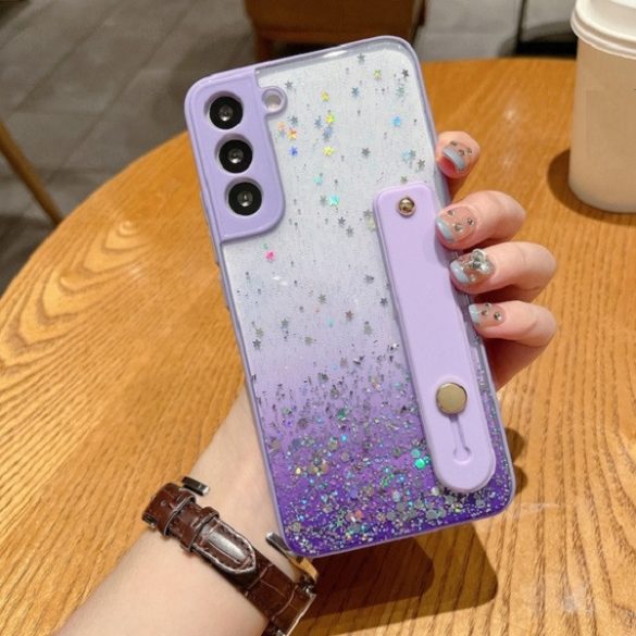 Huawei P30 Lite, Szilikon tok, közepesen ütésálló, kézpánttal, színátmenetes, csillogó minta, Wooze Strap Star, mintás/lila