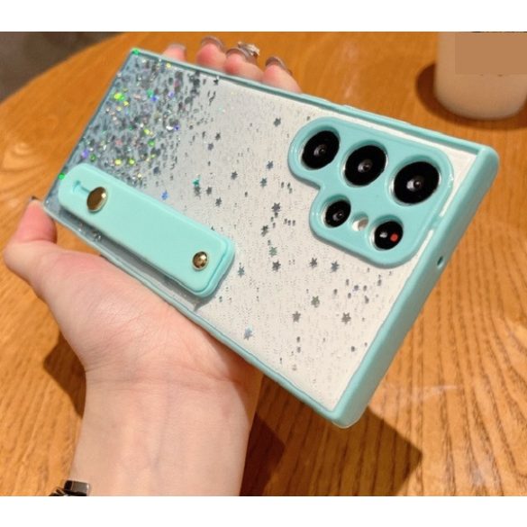 Huawei P30 Lite, Szilikon tok, közepesen ütésálló, kézpánttal, színátmenetes, csillogó minta, Wooze Strap Star, mintás/menta