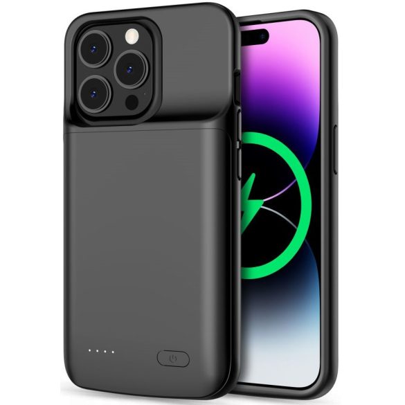 Apple iPhone 14 Plus / 14 Pro Max, Szilikon tok, műanyag hátlap + Akkumulátor, 5000 mAh, LED-es, Tech-Protect PowerCase, fekete