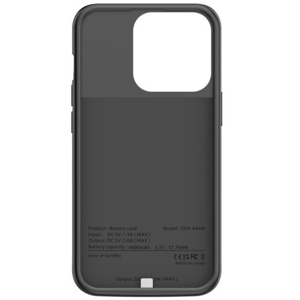 Apple iPhone 14 / 14 Pro, Szilikon tok, műanyag hátlap + Akkumulátor, 4800 mAh, LED-es, Tech-Protect PowerCase, fekete