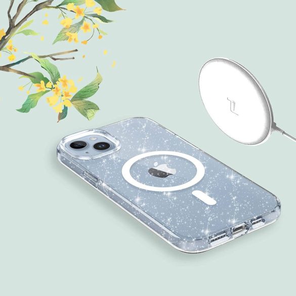 Apple iPhone 14 Pro Max, Műanyag hátlap védőtok + szilikon keret, Magsafe töltővel kompatibilis, csillogó hátlap, FlexAir Hybrid Magsafe Glitter, átlátszó