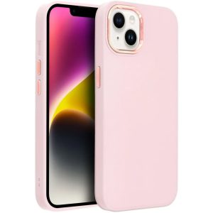 Apple iPhone 14, Szilikon tok, közepesen ütésálló, fémhatású kamera keret, Frame Case, rózsaszín