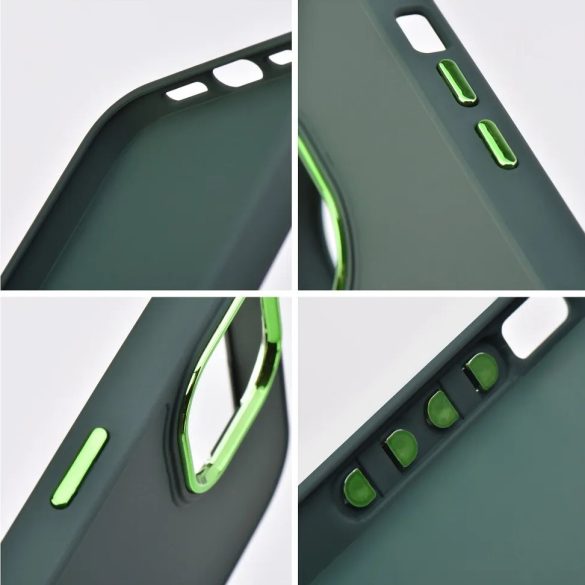 Apple iPhone 12 / 12 Pro, Szilikon tok, közepesen ütésálló, fémhatású kamera keret, Frame Case, zöld