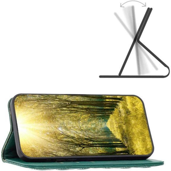 Apple iPhone 14, Oldalra nyíló tok, stand, kártyatartóval, 3D rombusz minta, Wooze Pillow, zöld