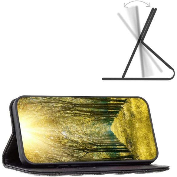 Apple iPhone 13 Pro Max, Oldalra nyíló tok, stand, kártyatartóval, 3D rombusz minta, Wooze Pillow, fekete