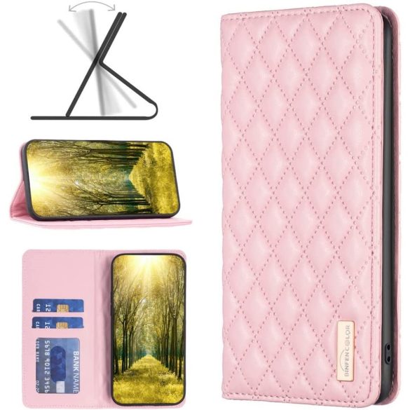 Apple iPhone 11, Oldalra nyíló tok, stand, kártyatartóval, 3D rombusz minta, Wooze Pillow, rózsaszín