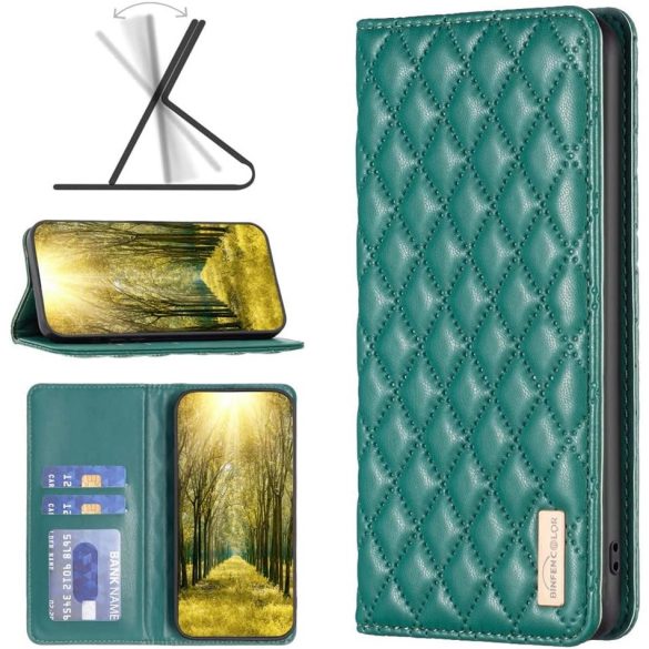 Nokia G11 / G21, Oldalra nyíló tok, stand, kártyatartóval, 3D rombusz minta, Wooze Pillow, zöld