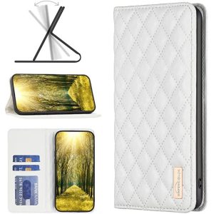 Xiaomi Redmi 9A / 9AT / 9i, Oldalra nyíló tok, stand, kártyatartóval, 3D rombusz minta, Wooze Pillow, fehér