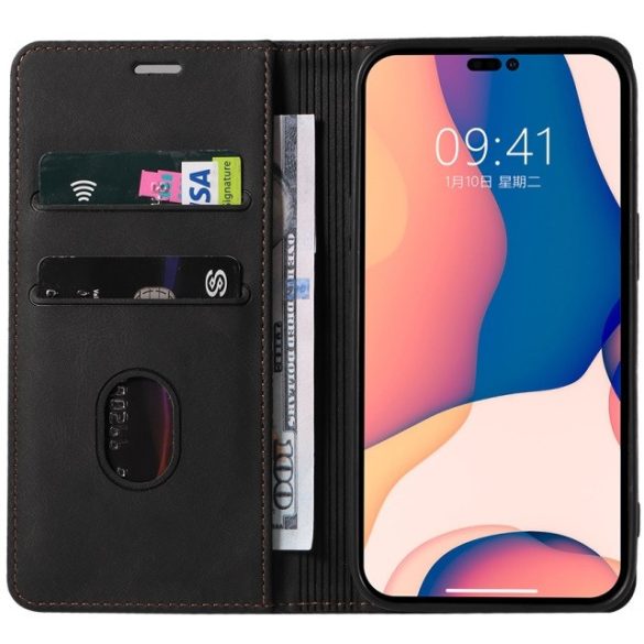 Samsung Galaxy A03s SM-A037F, Oldalra nyíló tok, stand, kártyatartóval, kézpánttal, Wooze Business Plus, fekete