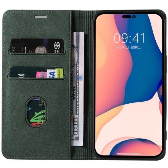 Samsung Galaxy A03s SM-A037F, Oldalra nyíló tok, stand, kártyatartóval, kézpánttal, Wooze Business Plus, sötétzöld