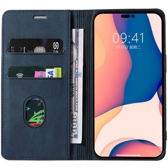 Samsung Galaxy A14 4G / A14 5G SM-A145F / A146B, Oldalra nyíló tok, stand, kártyatartóval, kézpánttal, Wooze Business Plus, kék