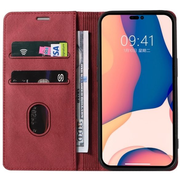 Samsung Galaxy A14 4G / A14 5G SM-A145F / A146B, Oldalra nyíló tok, stand, kártyatartóval, kézpánttal, Wooze Business Plus, piros