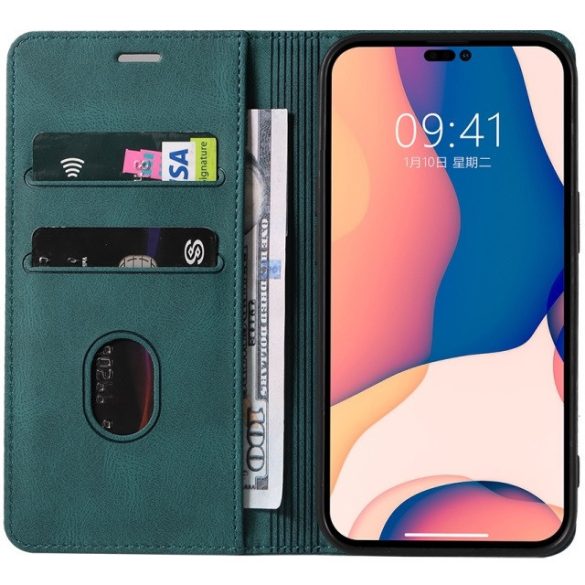 Samsung Galaxy A14 4G / A14 5G SM-A145F / A146B, Oldalra nyíló tok, stand, kártyatartóval, kézpánttal, Wooze Business Plus, zöld