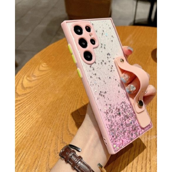 Huawei Honor X8a, Szilikon tok, közepesen ütésálló, kézpánttal, színátmenetes, csillogó minta, Wooze Strap Star, mintás/rózsaszín
