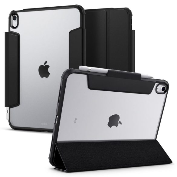 Apple iPad 10.9 (2022) / iPad 11 (2025), mappa tok, légpárnás sarok, közepesen ütésálló, Apple Pencil tartóval, Smart Case, Spigen Ultra Hybrid Pro, átlátszó/fekete