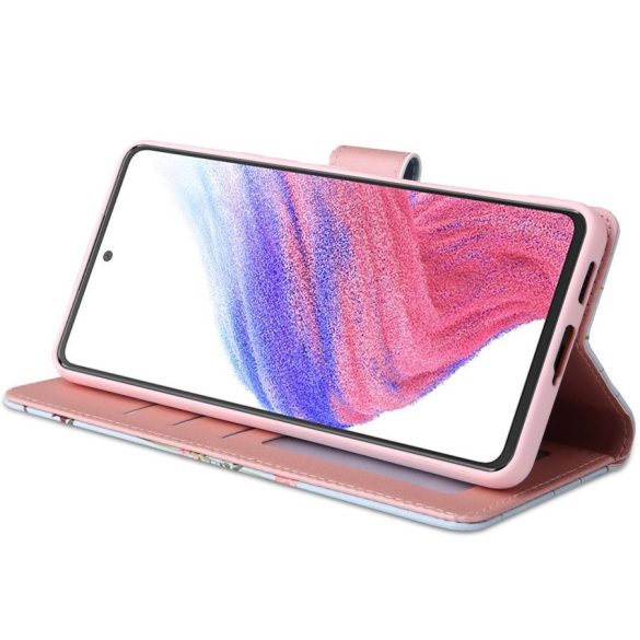 Samsung Galaxy A53 5G SM-A536U, Oldalra nyíló tok, stand, mágnes csattal, virágoskert minta, TP Wallett Garden, rózsaszín/színes