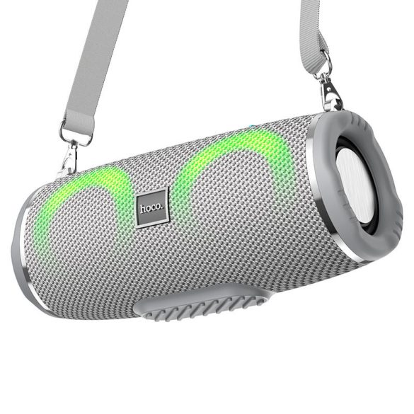 Bluetooth hordozható hangszóró, 2 x 5W, v5.0, Beépített FM rádió, TF kártyaolvasó, USB aljzat, 3.5mm, RGB világítás, felakasztható, vízálló, Hoco HC12, szürke