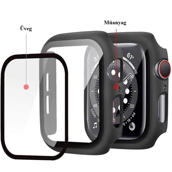 Apple Watch 7-8 (41mm), Műanyag védőkeret, kijelzővédő üveggel, szíj nélkül, TP Defense360, fekete