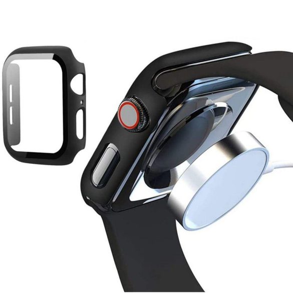Apple Watch 7-8 (41mm), Műanyag védőkeret, kijelzővédő üveggel, szíj nélkül, TP Defense360, fekete