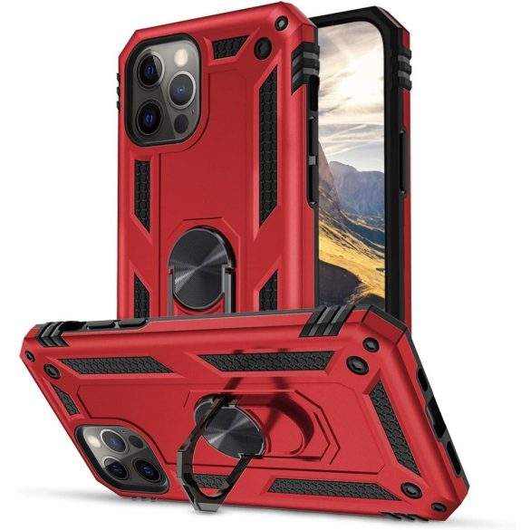 Huawei P60 / P60 Pro, Műanyag hátlap védőtok, közepesen ütésálló, szilikon belső, telefontartó gyűrű, Defender, piros