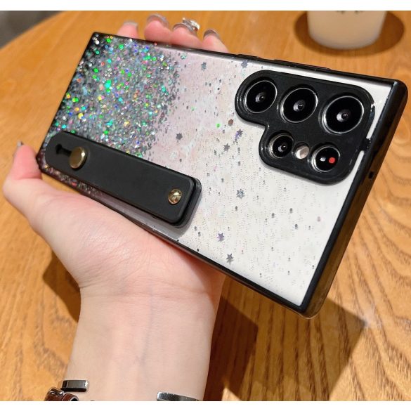 Huawei P60 / P60 Pro, Szilikon tok, közepesen ütésálló, kézpánttal, színátmenetes, csillogó minta, Wooze Strap Star, mintás/fekete