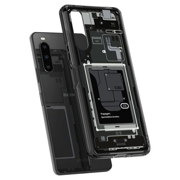 Sony Xperia 10 V, Műanyag hátlap védőtok + szilikon keret, Telefon belső minta, Spigen Ultra Hybrid Zero One, átlátszó/füst