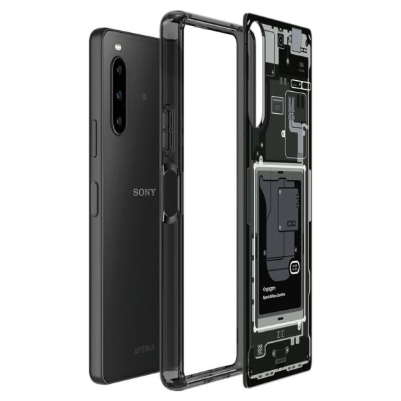 Sony Xperia 10 V, Műanyag hátlap védőtok + szilikon keret, Telefon belső minta, Spigen Ultra Hybrid Zero One, átlátszó/füst