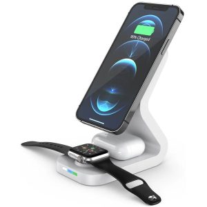 Univerzális vezeték nélküli töltő állomás 3in1, Qi Wireless, 15W, asztali tartó, mágneses, MagSafe kompatibilis, B16, fehér