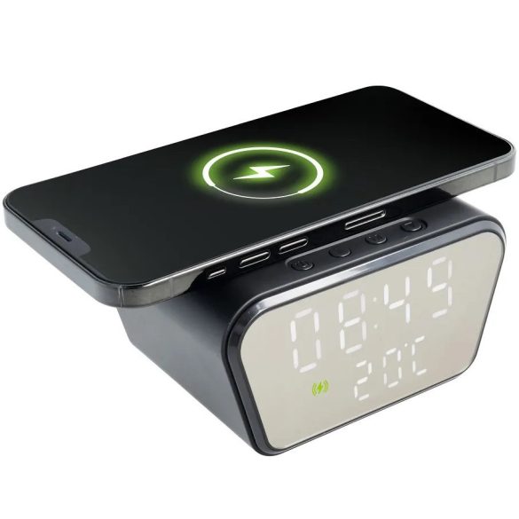 Univerzális vezeték nélküli töltő állomás, Qi Wireless, 15W, Óra funkció, Hőmérő funkció, gyorstöltés, QC 3.0, fekete