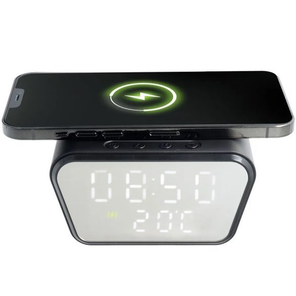 Univerzális vezeték nélküli töltő állomás, Qi Wireless, 15W, Óra funkció, Hőmérő funkció, gyorstöltés, QC 3.0, fekete