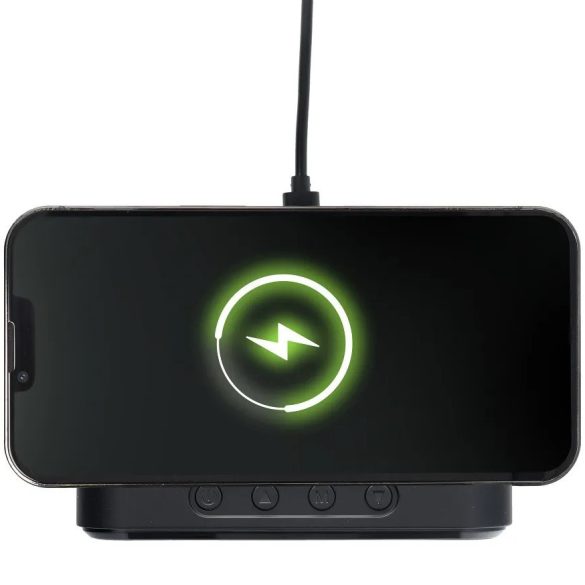 Univerzális vezeték nélküli töltő állomás, Qi Wireless, 15W, Óra funkció, Hőmérő funkció, gyorstöltés, QC 3.0, fekete