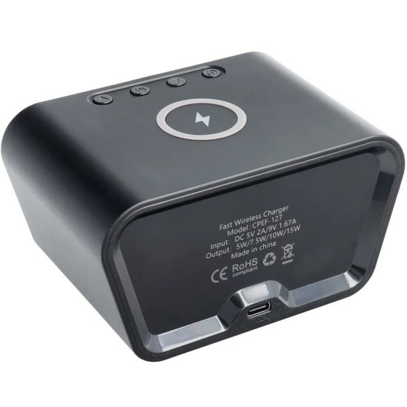 Univerzális vezeték nélküli töltő állomás, Qi Wireless, 15W, Óra funkció, Hőmérő funkció, gyorstöltés, QC 3.0, fekete