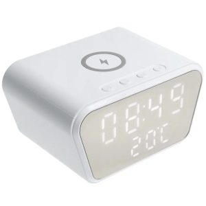 Univerzális vezeték nélküli töltő állomás, Qi Wireless, 15W, Óra funkció, Hőmérő funkció, gyorstöltés, QC 3.0, fehér