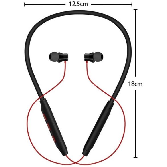 Bluetooth sztereó fülhallgató, v5.3, sportoláshoz, mikrofon, funkció gomb, hangerő szabályzó, zajszűrővel, mágneses, vízálló, Wooze Sport NeckBand, fekete/piros
