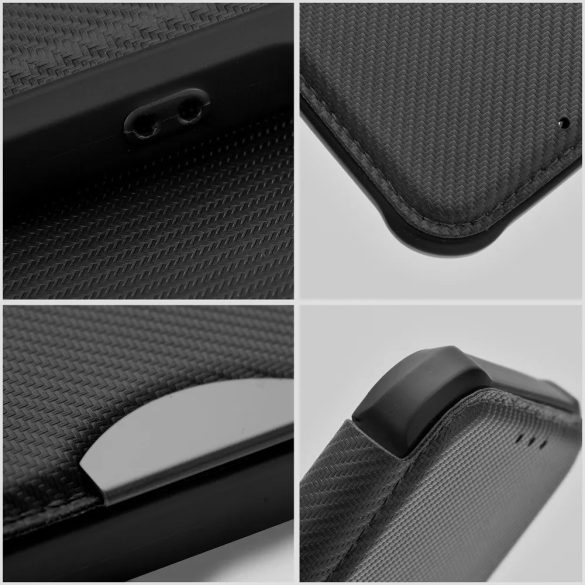 Xiaomi Redmi Note 12 5G / Poco X5 5G, Oldalra nyíló tok, légpárnás sarok, bőrhatású, karbon minta, Razor Book, fekete