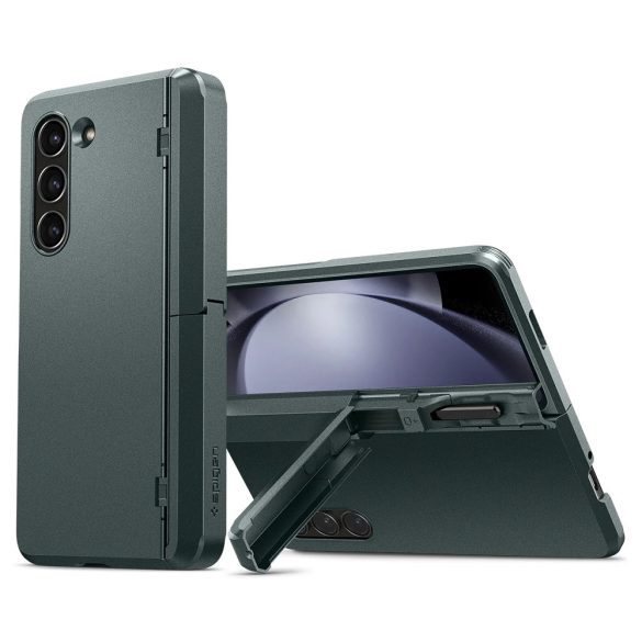 Samsung Galaxy Z Fold5 SM-F946B, Műanyag hátlap védőtok, közepesen ütésálló, zsanérvédő és kitámasztó, Ceruza tartó, Spigen Tough Armor Pro "P", sötétzöld