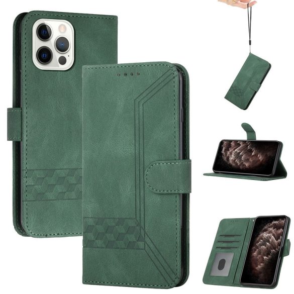 Apple iPhone 15 Pro Max, Oldalra nyíló tok, stand, kártyatartóval, kézpánttal, Wooze Illusion, zöld