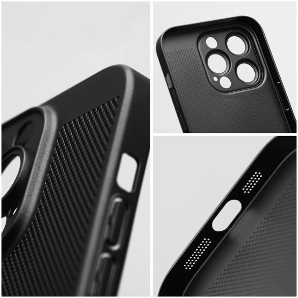 Apple iPhone 15 Pro Max, Műanyag hátlap védőtok, légáteresztő, lyukacsos minta, Breezy, fekete