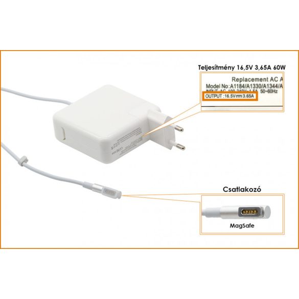 Apple 16.5V 3.65A 60W MagSafe helyettesítő új töltő (A1184  MC461Z/A)