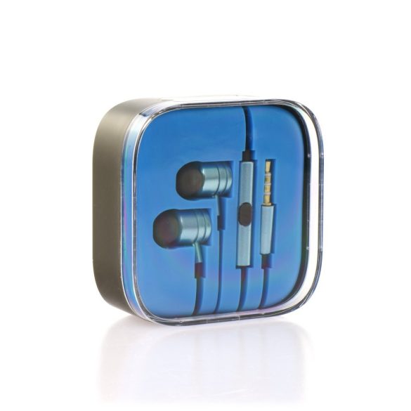 Vezetékes sztereó fülhallgató, 3.5 mm, felvevőgombos, dobozos, kék