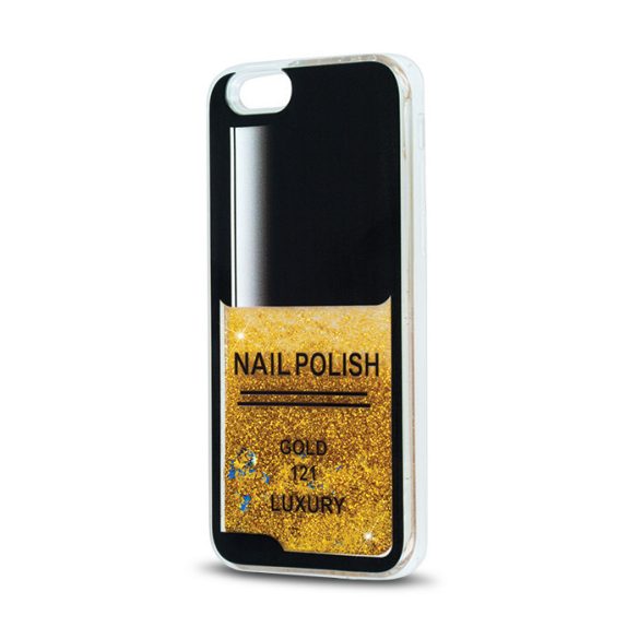 Apple iPhone 6 / 6S, TPU szilikon tok, körömlakk minta, Liquid Glitter, arany/átlátszó