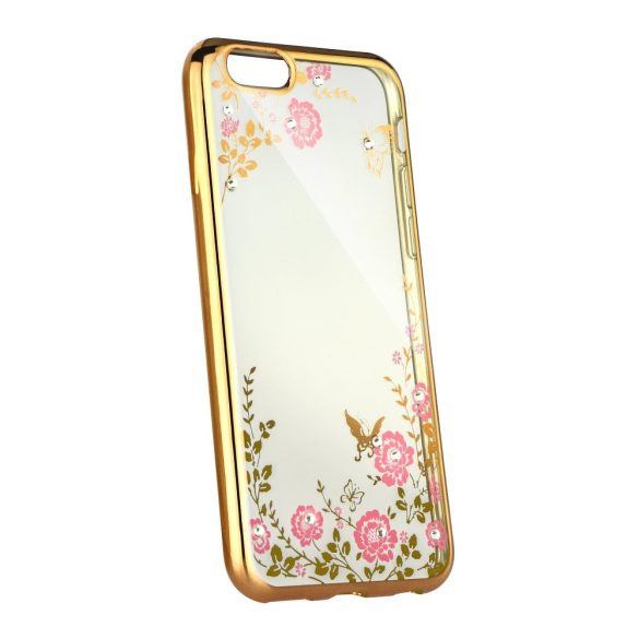 Apple iPhone 6 Plus / 6S Plus, TPU szilikon tok, Forcell Diamond, köves virágminta, arany