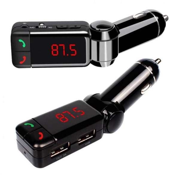 FM transzmitter, 2 x USB aljzat, dupla töltő, mikrofon, felvevő és elutasító funkció