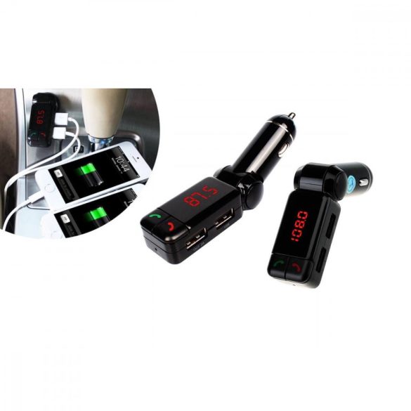 FM transzmitter, 2 x USB aljzat, dupla töltő, mikrofon, felvevő és elutasító funkció