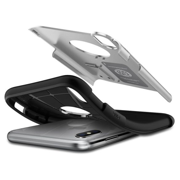 Apple iPhone XS Max, TPU szilikon tok, műanyag hátlappal, kitámasztóval, Spigen Slim Armor, ezüst