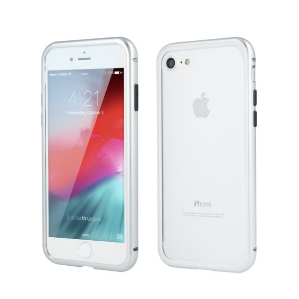 Apple iPhone 6 / 6S, Alumínium mágneses védőkeret, elő- és hátlapi üveggel, Magnetic Full Glass, átlátszó/ezüst