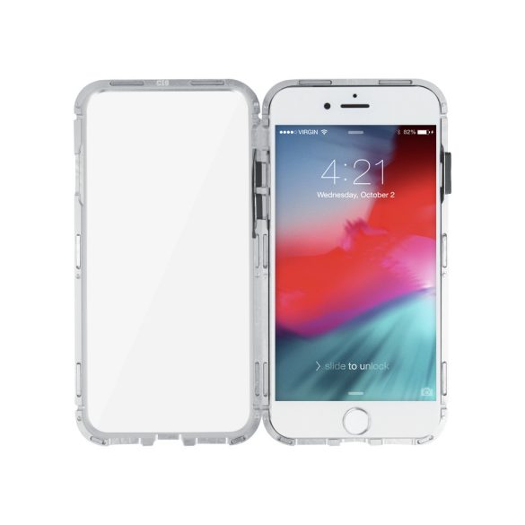 Apple iPhone 6 / 6S, Alumínium mágneses védőkeret, elő- és hátlapi üveggel, Magnetic Full Glass, átlátszó/ezüst