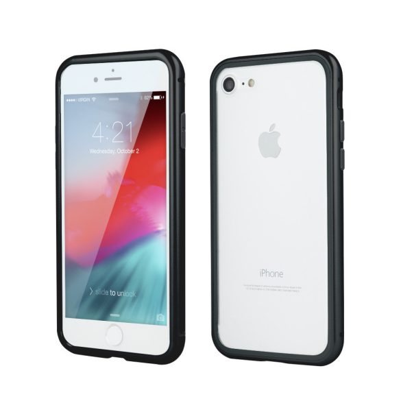 Apple iPhone 7 Plus / 8 Plus, Alumínium mágneses védőkeret, elő- és hátlapi üveggel, Magnetic Full Glass, átlátszó/fekete