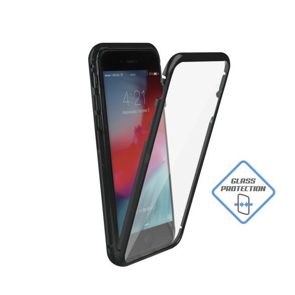 Apple iPhone X / XS, Alumínium mágneses védőkeret, elő- és hátlapi üveggel, Magnetic Full Glass, átlátszó/fekete